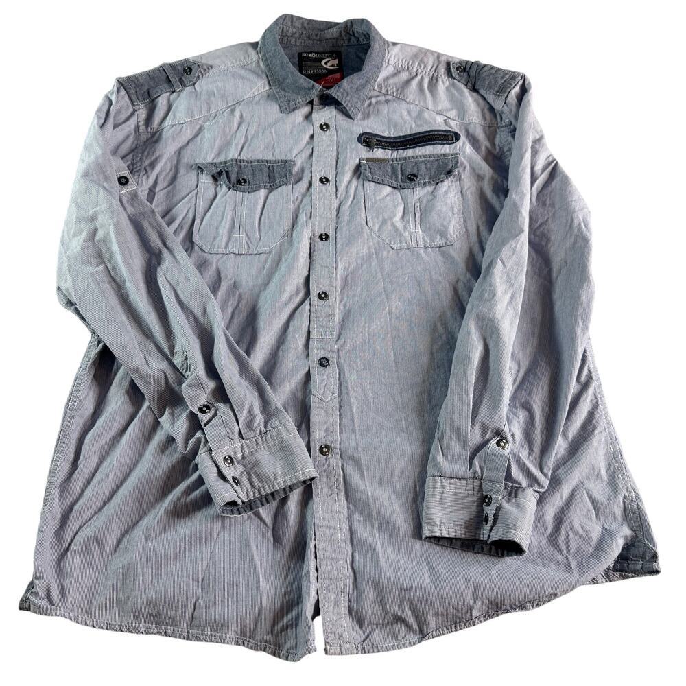 Ecko Unltd Button Up Shirt Mens 3XL Blue Stripe Snap Front Military Utility Big